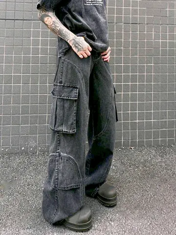 Men Vintage Japanese Cargo Jeans Loose Straight Leg Washed Gray Denim Pants Multi-Pocket Streetwear Fashion Casual Bottoms