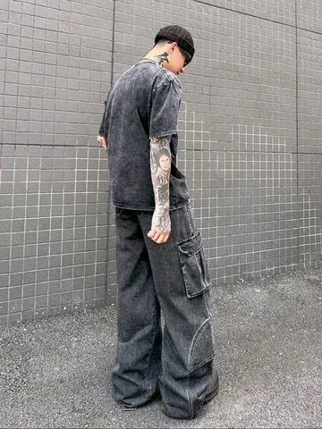 Men Vintage Japanese Cargo Jeans Loose Straight Leg Washed Gray Denim Pants Multi-Pocket Streetwear Fashion Casual Bottoms