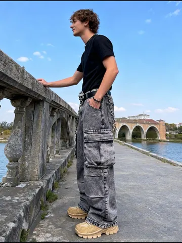 Pantaloni Jeans Cargo da Uomo con Multitasche High Street Hiphop Larghi a Gamba Larga in Denim di Cotone Acid Wash Grigio