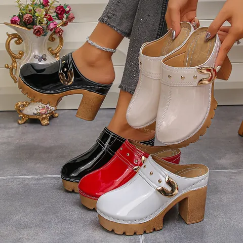 Women's Thick High Heel Platform Mules Rivet Patent Leather Closed Toe Slippers Summer Fashion Retro Sandals Clogs For Lady