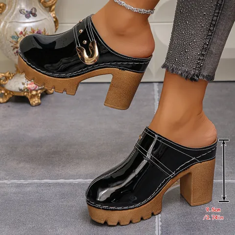 Women's Thick High Heel Platform Mules Rivet Patent Leather Closed Toe Slippers Summer Fashion Retro Sandals Clogs For Lady