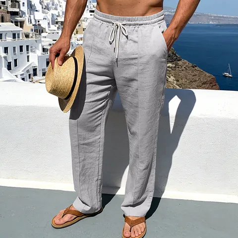 Pantaloni Casual in Lino da Uomo Pantaloni da Spiaggia Larghi con Coulisse Gamba Dritta con Cuciture Verticali per Estate Resort Style
