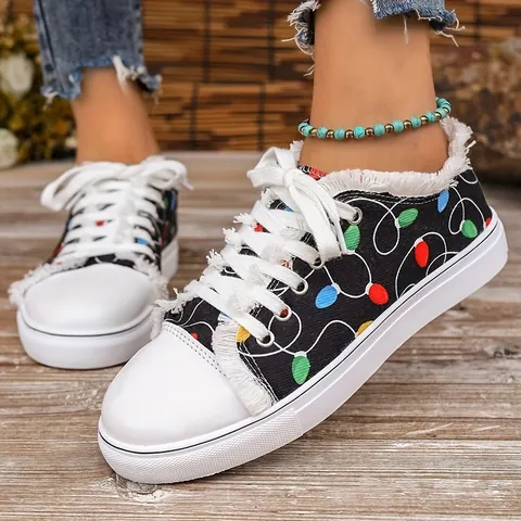 Women Christmas Bulb Print Canvas Shoes Frayed Edge Lace Up Low Top Casual Flat Sneakers Rubber Sole Holiday Style