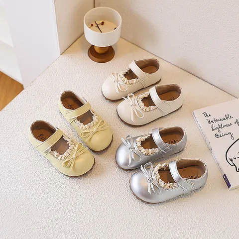 Chaussures de Princesse Mary Jane pour Filles Nœud Papillon Bordure en Dentelle Chaussures Plates en Cuir PU Antidérapantes