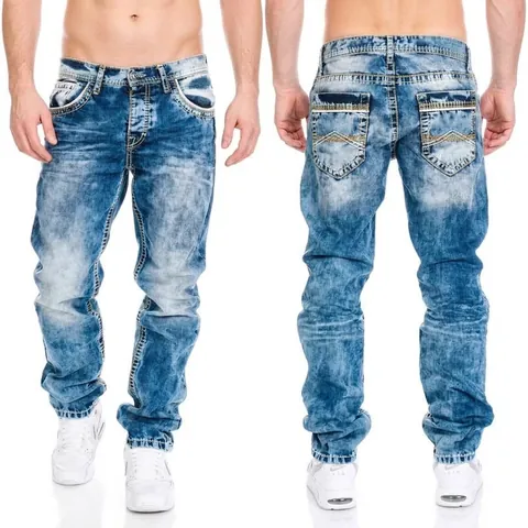Men's Hip Hop Straight Leg Jeans Vintage Washed Denim Pants Embroidered Multi-Pockets Retro Streetwear Baggy Trousers