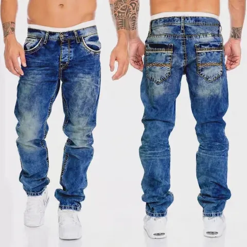 Men's Hip Hop Straight Leg Jeans Vintage Washed Denim Pants Embroidered Multi-Pockets Retro Streetwear Baggy Trousers
