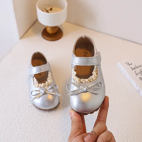 Chaussures de Princesse Mary Jane pour Filles Nœud Papillon Bordure en Dentelle Chaussures Plates en Cuir PU Antidérapantes