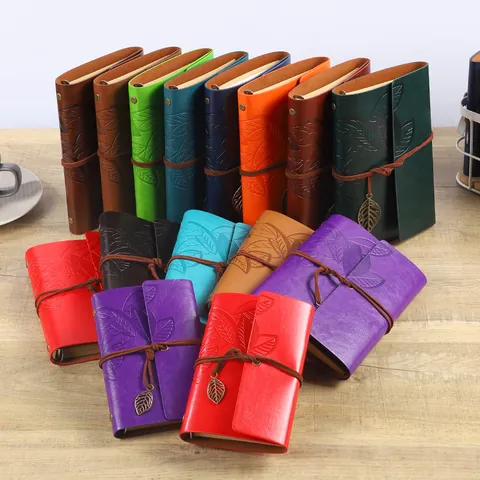 Retro PU Leather Loose Leaf Notebook Vintage Embossed Leaf Pattern Journal With Strap And Metal Pendant A6 A7 Office Stationery