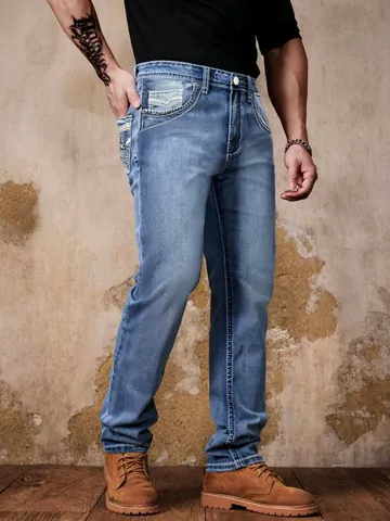 Jeans da Uomo Slim Fit Gamba Dritta Celeste Lavato Pantaloni in Denim Elastico Con Tasche Ricamate Moda Urbana Casual