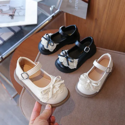Chaussures de Princesse Lolita pour Filles Style Britannique Mary Jane avec Nœud et Dentelle Semelle Souple Antidérapante en Cuir PU