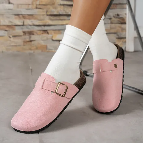 Women Boston Clog Slippers Suede Upper Cork Sole Buckle Sandals Round Toe Slip On Mules Casual Summer Outdoor Footwear