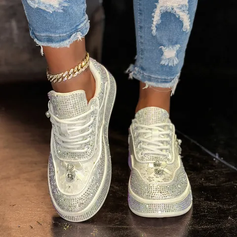 Women Fashion Board Shoes Cloth Rhinestone Floral Printed Thick Sole Platform 4cm Casual Sneakers With Bow Pearl Charm