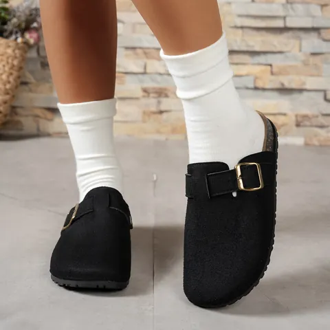 Women Boston Clog Slippers Suede Upper Cork Sole Buckle Sandals Round Toe Slip On Mules Casual Summer Outdoor Footwear