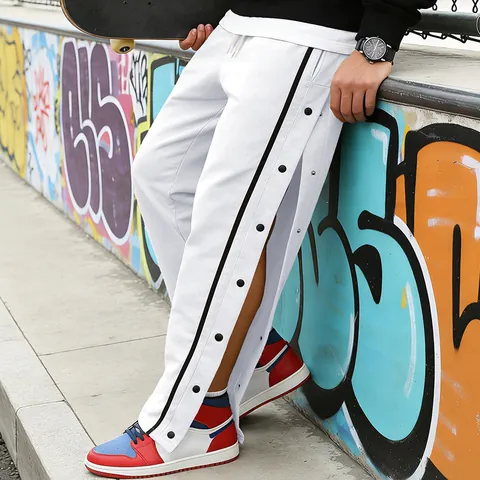 Men's Tear-away Snap Button Pants 100% Polyester Side Stripe Drawstring Wide Leg Joggers Casual Sport Basketball Sweatpants