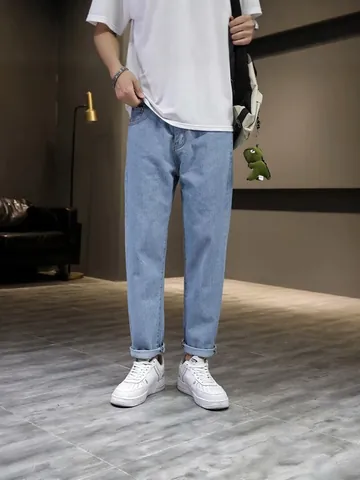Heren Zomer Dunne Stretch Denim Jeans Slim Fit Toelopende Negenpuntsbroek Licht Donkerblauw Casual Gewassen Katoenen Jeans