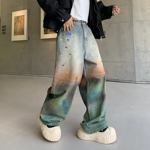 Men's Rainbow Gradient Tie Dye Loose Straight Leg Jeans Artistic Water Washed Paint Splatter Streetwear Denim Pants