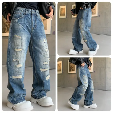 Men's Loose Straight Washed Blue Jeans Distressed Faux Hole Streetwear Denim Pants Low Waist Full Length Trousers