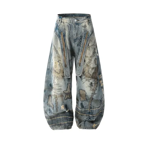 Stile Wasteland High Street Jeans Gamba Larga Lama Curva Ricamo Pesante Vintage Lavato Blu Pantaloni in Denim Unisex