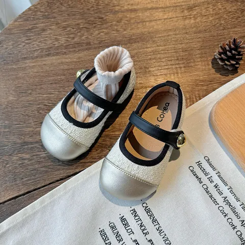 Chaussures de Princesse Mary Jane pour Filles en Tweed et Cuir PU Bout Contrasté Semelle Souple Ballerines Mode Enfants Printemps
