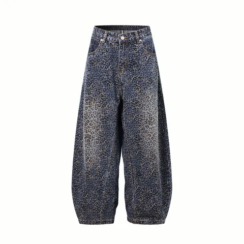 Pantalones Retro Americanos con Estampado de Leopardo Degradado Pierna Ancha Corte Relajado Pantalones Casuales Curvados para Hombre Mujer Pelo de Conejo Chenilla