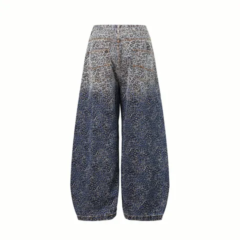 Pantalones Retro Americanos con Estampado de Leopardo Degradado Pierna Ancha Corte Relajado Pantalones Casuales Curvados para Hombre Mujer Pelo de Conejo Chenilla
