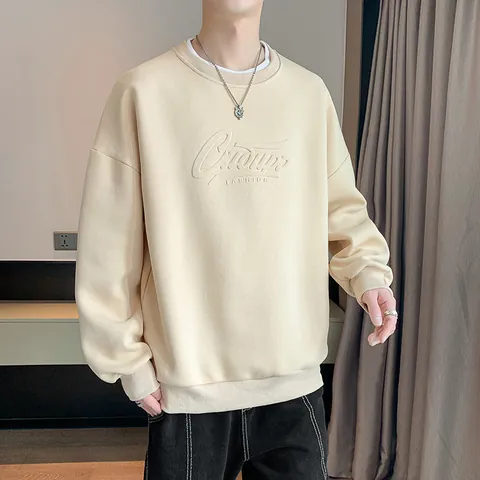 Sweatshirt à Col Rond pour Hommes Printemps 2025 Nouveau Haut Pull-over Ample Mode Jeunesse avec Motif Lettres en Relief 3D Décontracté Manches Longues