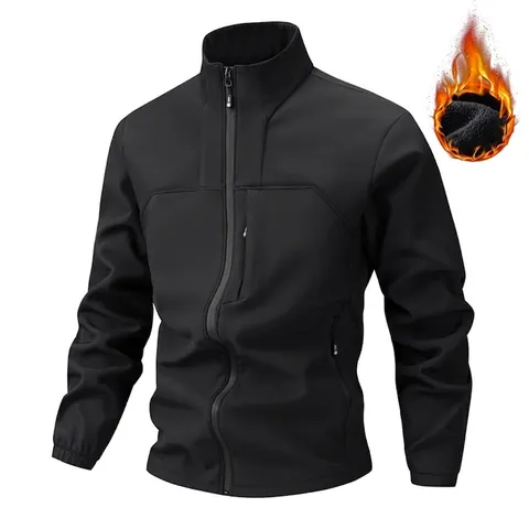 Men Winter Softshell Jacket Fleece Lined Warm Stand Collar Windproof Jacket Casual Outdoor Polyester Coat For Male
