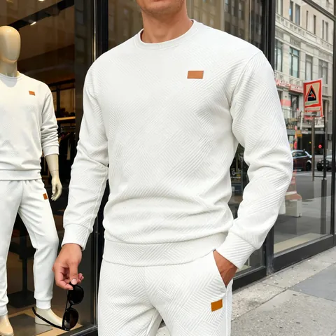 Herren Casual Rundhals Sweatshirt Texturiertes Gewebe Einfarbig Langarm Locker Mode Pullover Für Outdoor Herren Top