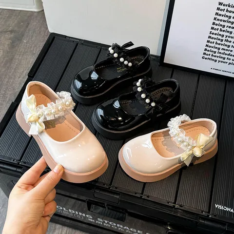 Girls Mary Jane Princess Shoes Korean Style Shiny PU Leather Flats With Artificial Pearl Lace Bow Non-Slip Platform Dress Shoes