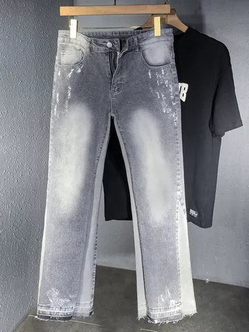 Jeans da Uomo con Schizzi d'Inchiostro Distressed a Zampa Streetwear Americano Pantaloni in Denim Lavato Retro Grigio