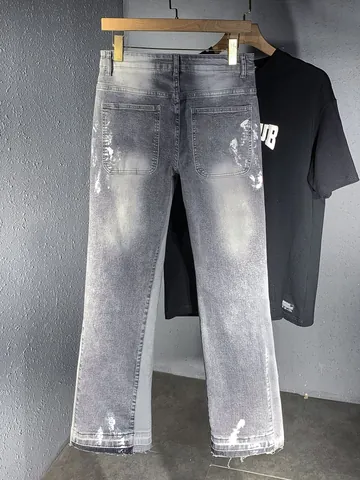Jeans da Uomo con Schizzi d'Inchiostro Distressed a Zampa Streetwear Americano Pantaloni in Denim Lavato Retro Grigio