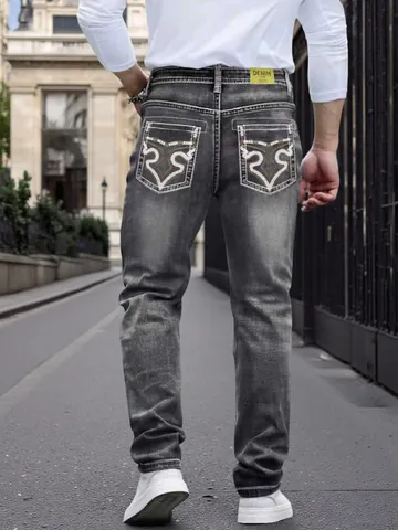 Jeans in Denim Lavato da Uomo con Decorazione Tasche Ricamate Vestibilità Slim Gamba Dritta Pantaloni in Cotone Casual per Giovani