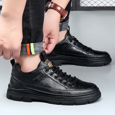 Chaussures Décontractées en Cuir pour Hommes Grandissant Cuir de Vachette Style Britannique Semelle Souple Antidérapant Lacets Baskets Mode