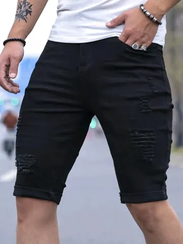 Men's Ripped Denim Shorts Distressed Raw Hem Bleached Washed American Streetwear Summer Casual Cotton Blend Bottoms