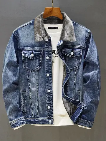 Men Fleece Lined Denim Jacket Thick Warm Winter Outerwear Casual Lapel Single Breasted Workwear Coat Washed Cotton Polyester Top