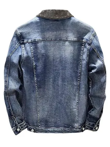 Men Fleece Lined Denim Jacket Thick Warm Winter Outerwear Casual Lapel Single Breasted Workwear Coat Washed Cotton Polyester Top