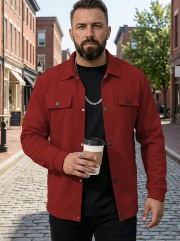 Men's Casual Workwear Jacket Polyester Waffle Texture Lapel Button Up Outerwear Top Solid Color Multi Pocket Streetwear Shacket