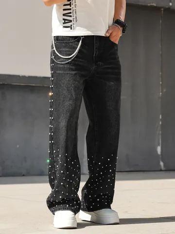 Men's Hip Hop Loose Straight Rhinestone Inlaid Jeans Washed Denim Streetwear Baggy Pants With Waist Chain