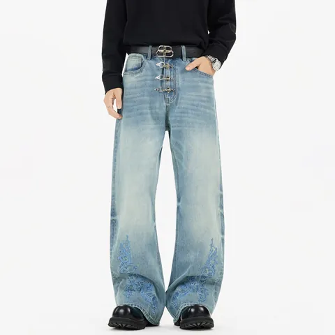 Jeans Rétro Américain Usé pour Hommes Femmes Jambe Droite Large Broderie de Vigne Baroque Pantalon Denim Évasé Délavé