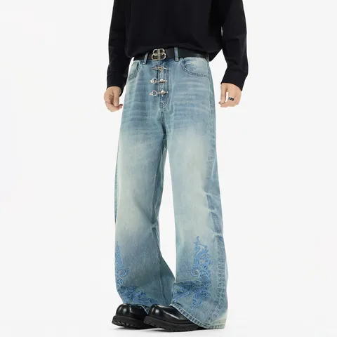 Jeans Rétro Américain Usé pour Hommes Femmes Jambe Droite Large Broderie de Vigne Baroque Pantalon Denim Évasé Délavé