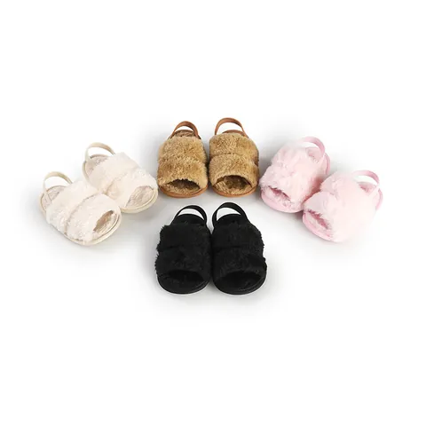 Infant Baby Plush Sandals Elastic Back Strap Soft Sole Anti-Slip Indoor Slippers Casual Faux Fur Shoes For Boys Girls
