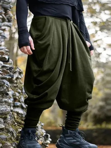 Men's High Street Harem Pants Drop Crotch Drawstring Elastic Waist Joggers Loose Casual Outdoor Solid Color Bottoms
