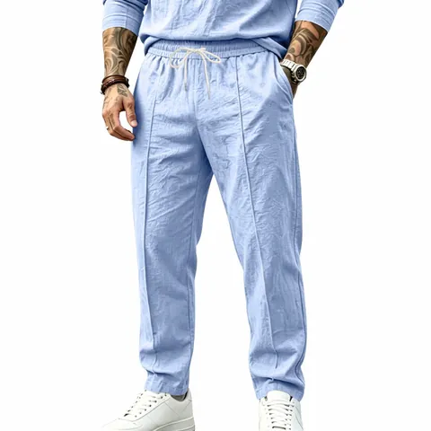 Men's Casual Cotton Linen Pants Drawstring Elastic Waist Straight Leg Loose Trousers For Summer Vacation Resort Wear
