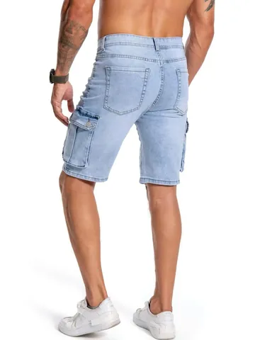Pantaloncini di Denim Cargo da Uomo con Tasche Multiple Celeste Lavato Cotone Elastico Bermuda Casual da Lavoro Estivi
