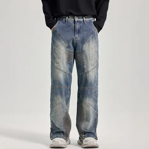 Men's Heavyweight Washed Denim Jeans Retro Blue Patchwork Straight Wide Leg High Street Biker Style Casual Pants Trousers
