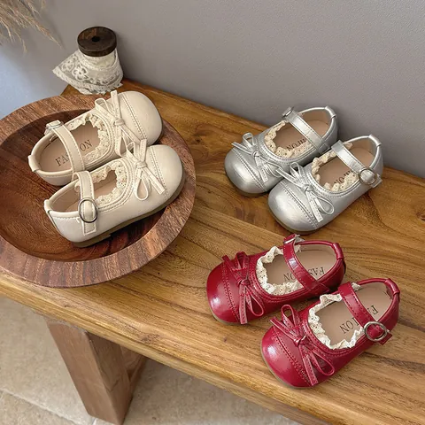 Chaussures Mary Jane pour Fillettes avec Bordure en Dentelle Nœud Doux Semelle Souple Chaussures de Princesse pour Printemps Automne Ballerines en Cuir PU