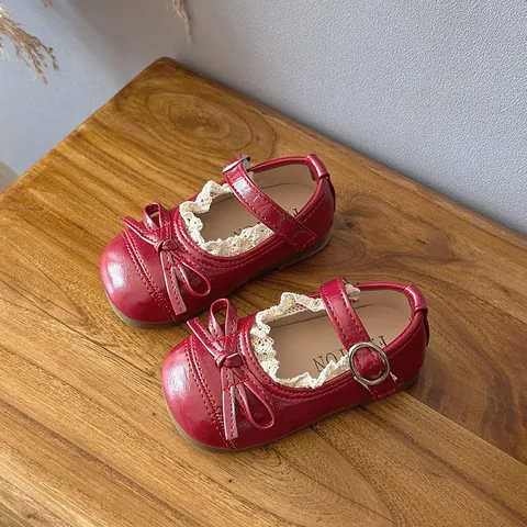 Chaussures Mary Jane pour Fillettes avec Bordure en Dentelle Nœud Doux Semelle Souple Chaussures de Princesse pour Printemps Automne Ballerines en Cuir PU