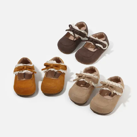 Baby Girl Princess Pre-walker Shoes Suede Soft Sole Anti-slip Bow Mary Jane Flats With Lace Trim Spring Fashion Toddler Shoes