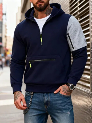 Herren Farbblock Fleece Kapuzenpullover Half Zip Hoodie mit Tasche Herbst Winter Lockeres Patchwork Top