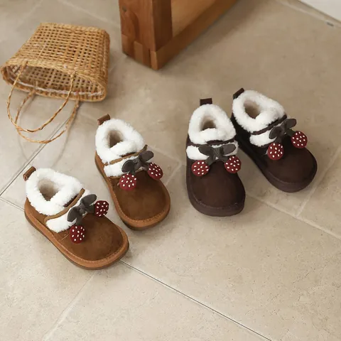 French Style Girls Snow Boots 2026 Winter New Korean Thick Sole Cherry Bow Faux Fur Suede Lining Warm Kids Shoes